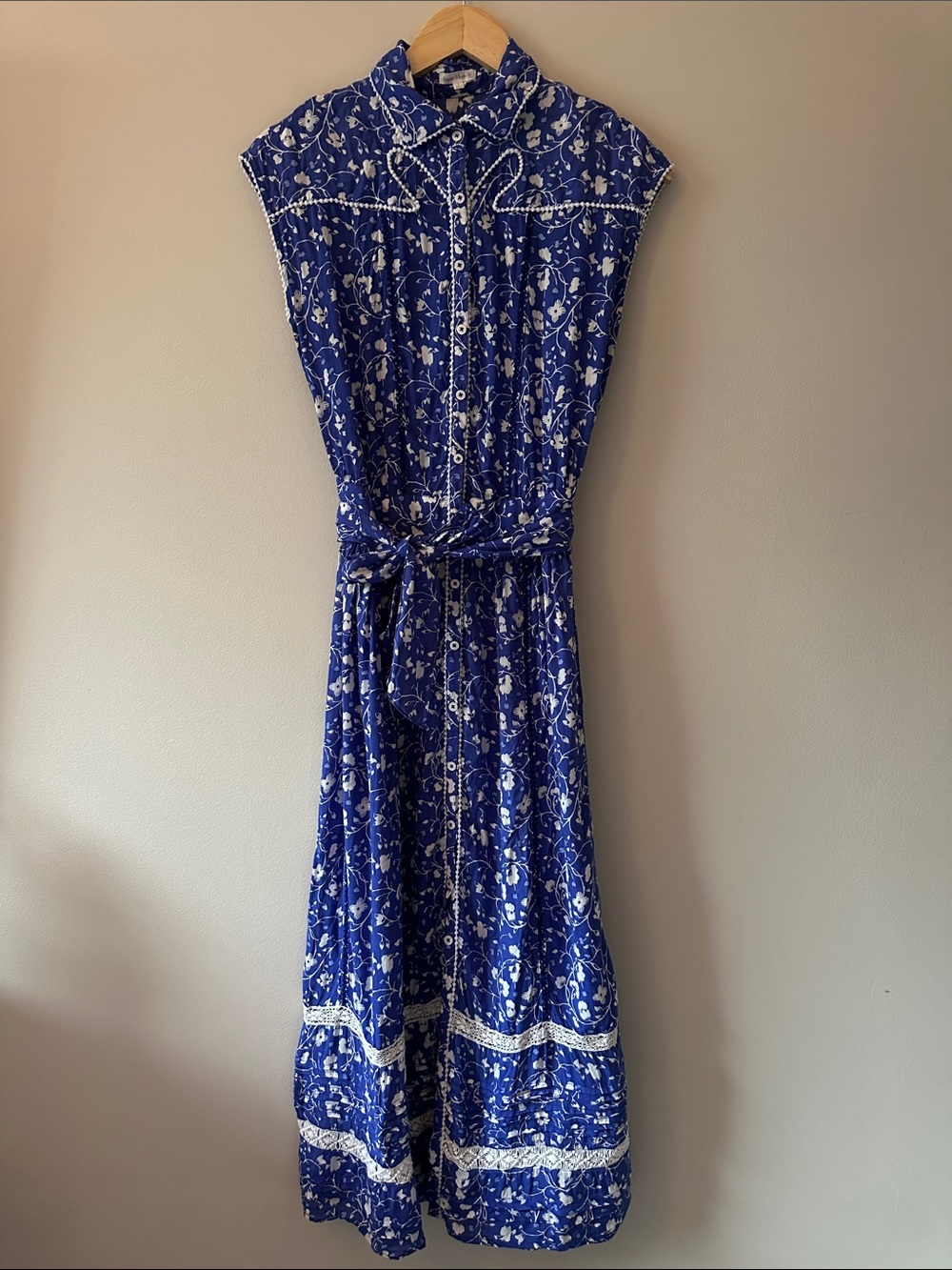 Poupette St Barth Blue Floral Midi Dress with Tie Waist Size Small